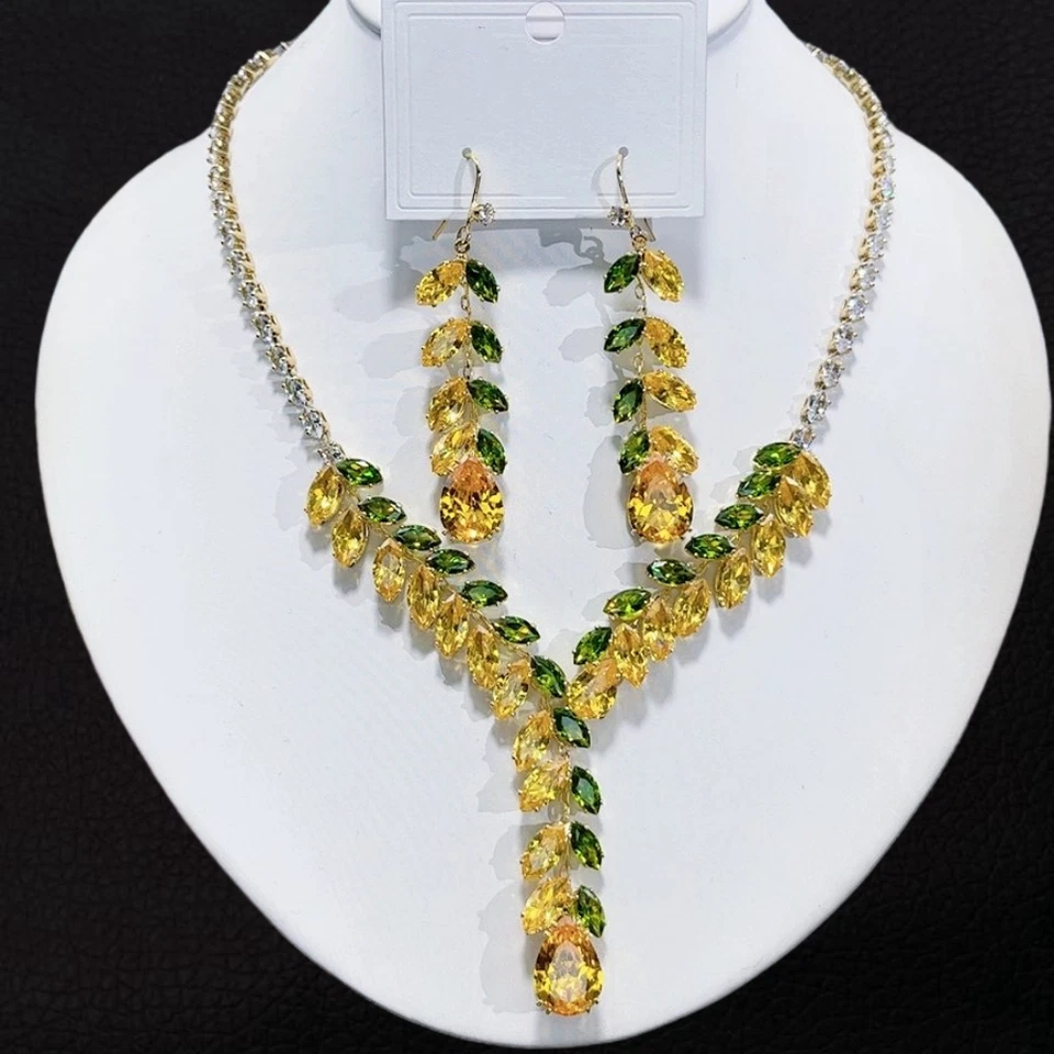 Conjunto de joyas de fiesta collar aretes hoja diamantes de imitación circonita cúbica multicolor Foto 4 de 4