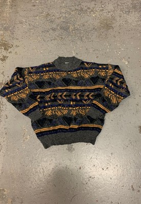 Vintage Abstrakter Strickpullover Funky Gemustert Pullover Herren L