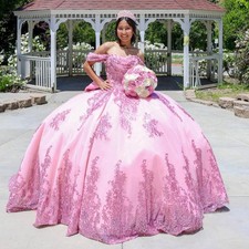 Pink Quinceanera Dresses Off Shoulder Lace Sequins Appliques Ball Gowns Sweet 16