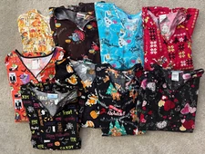 9 Holiday Scrub Tops Women's 2XL SOLD INDIVIDUALLY or LOT, Fall Christmas Disney