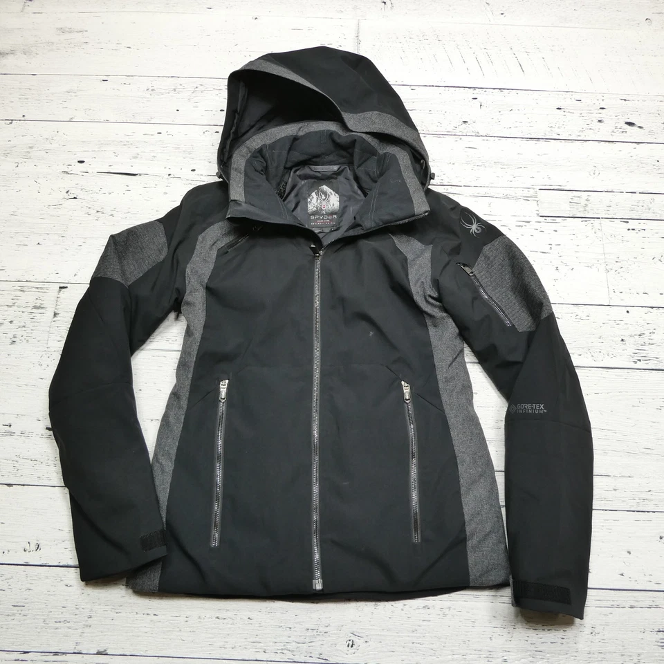 Spyder Gore Jacket Womens Size 8 Black Infinium Hooded Ski Coat Waterproof - Image 2 of 4