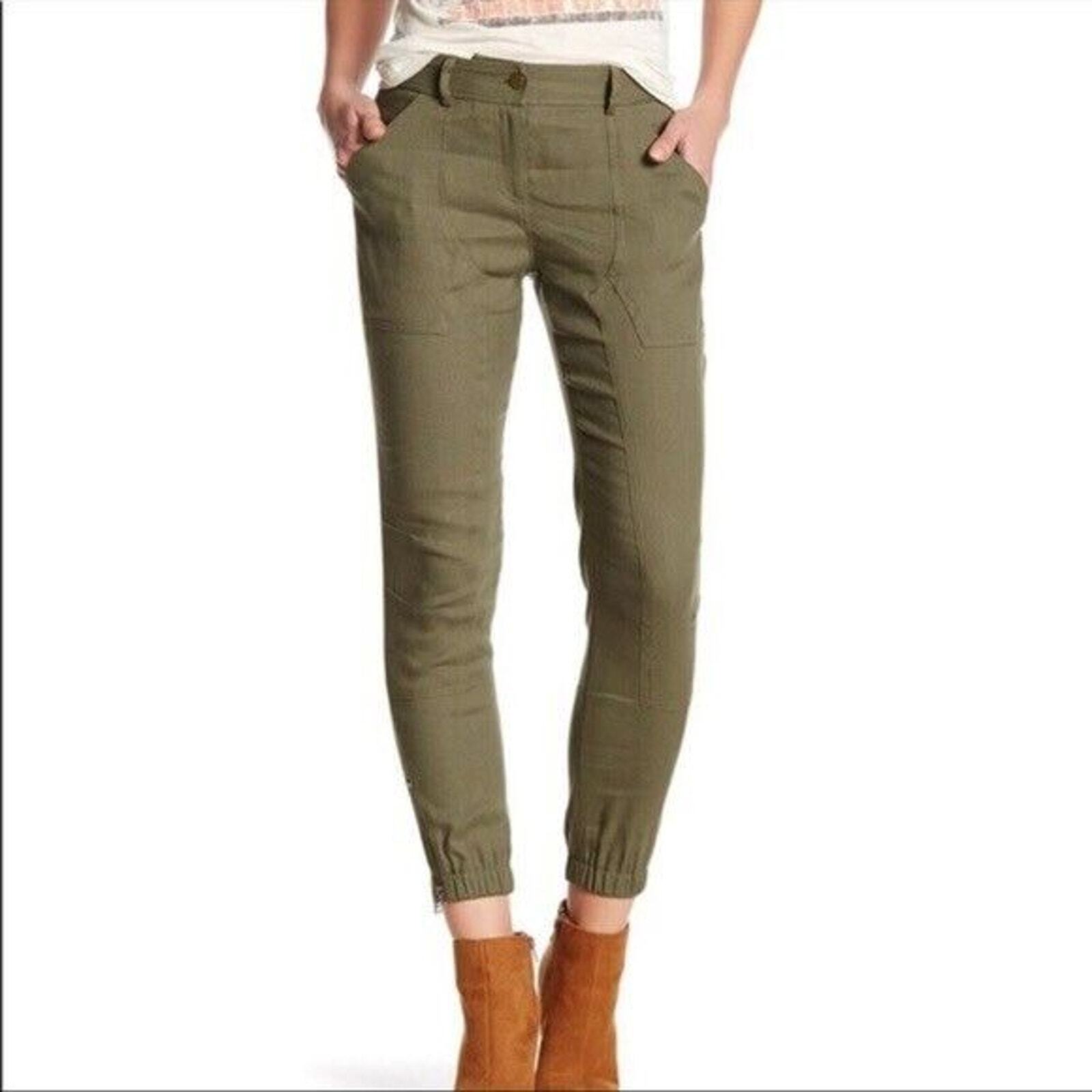 Veronica Beard Army Green Caladium Linen Zip Trim Cargo Joggers size 2