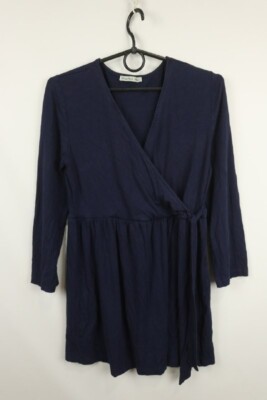 Anna Field Blue Knit Viscose Long Sleeve Belted Surplice Neck Shift Mini Dress M