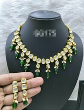 Gold Plated Green Choker Kundan Necklace Earrings Emerald Bridal Jewelry Set