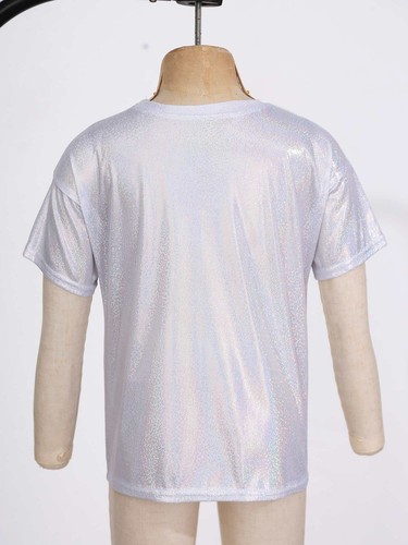 Kids Girls Boys Metallic Shiny T-shirt Sparkly Jazz Dance Loose Tops Costumes - Picture 14 of 25