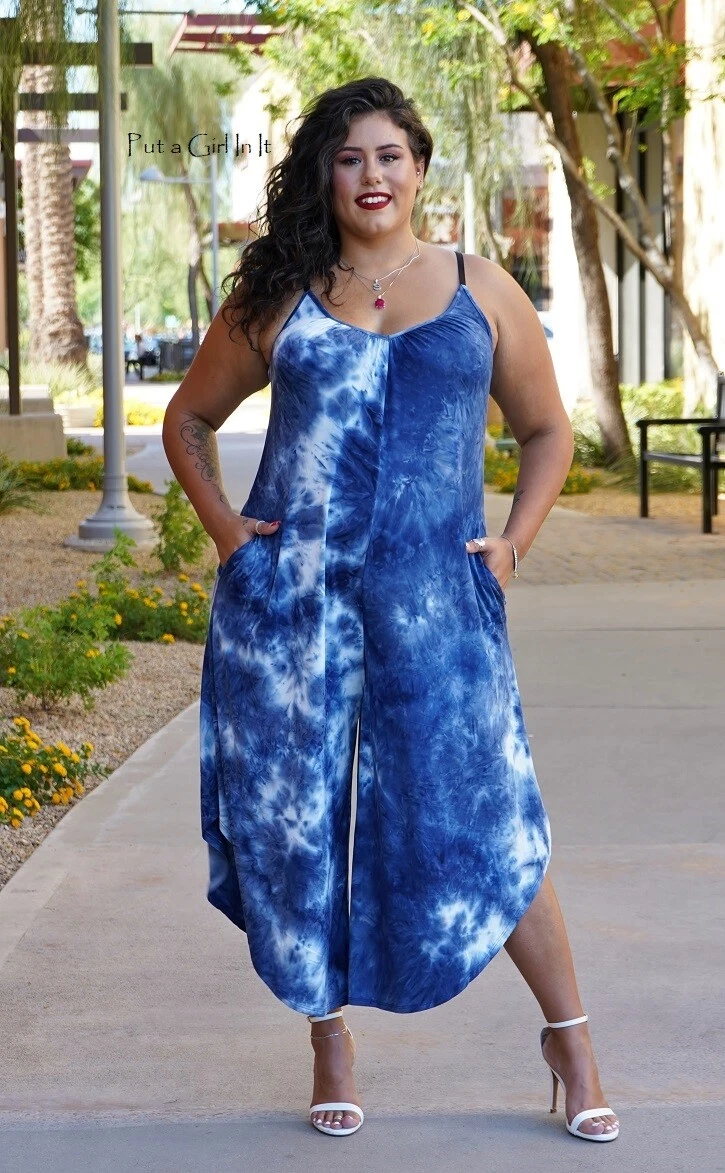 New PLUS SIZE Womens BLUE TIE DYE SLEEVELESS JUMPER JUMPSUIT POCKETS 1X 2X  3X