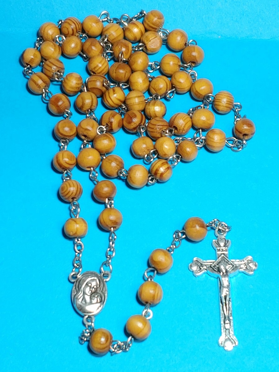 Terra Jerusalem Rosary - 7mm Wood Beads Madonna & Child Center