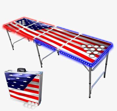 8-Foot Professional Beer Pong Table W/Cup Holes, LED Lights & Pong Balls - Ameri