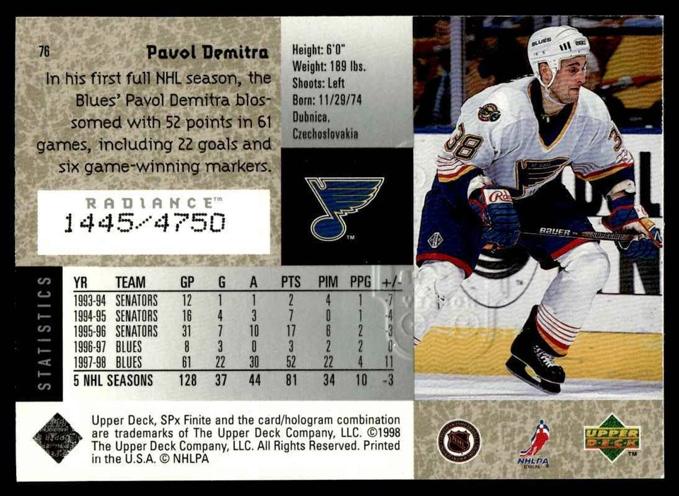 1998-99 SPx Finite Radiance Pavol Demitra St. Louis Blues #76 - Image 2 of 2