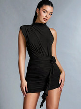 Black BAE Women's Stand Collar Ruffle Trim Decor Pleated Dress Sz XS S M L