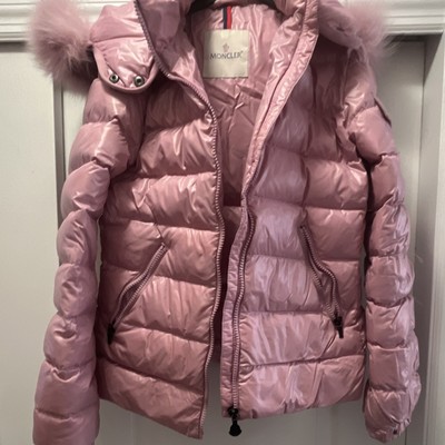Moncler Girls Pink Puffer Jacket Fur Trim Hooded Down Zip Short Coat
