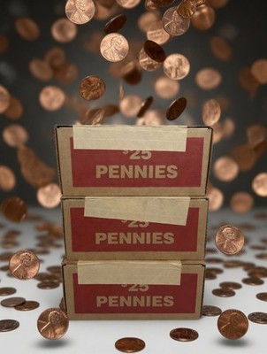 Sealed Unopened Unsearched From Bank. Box of 50 Rolls of Pennies. $25 Face Value