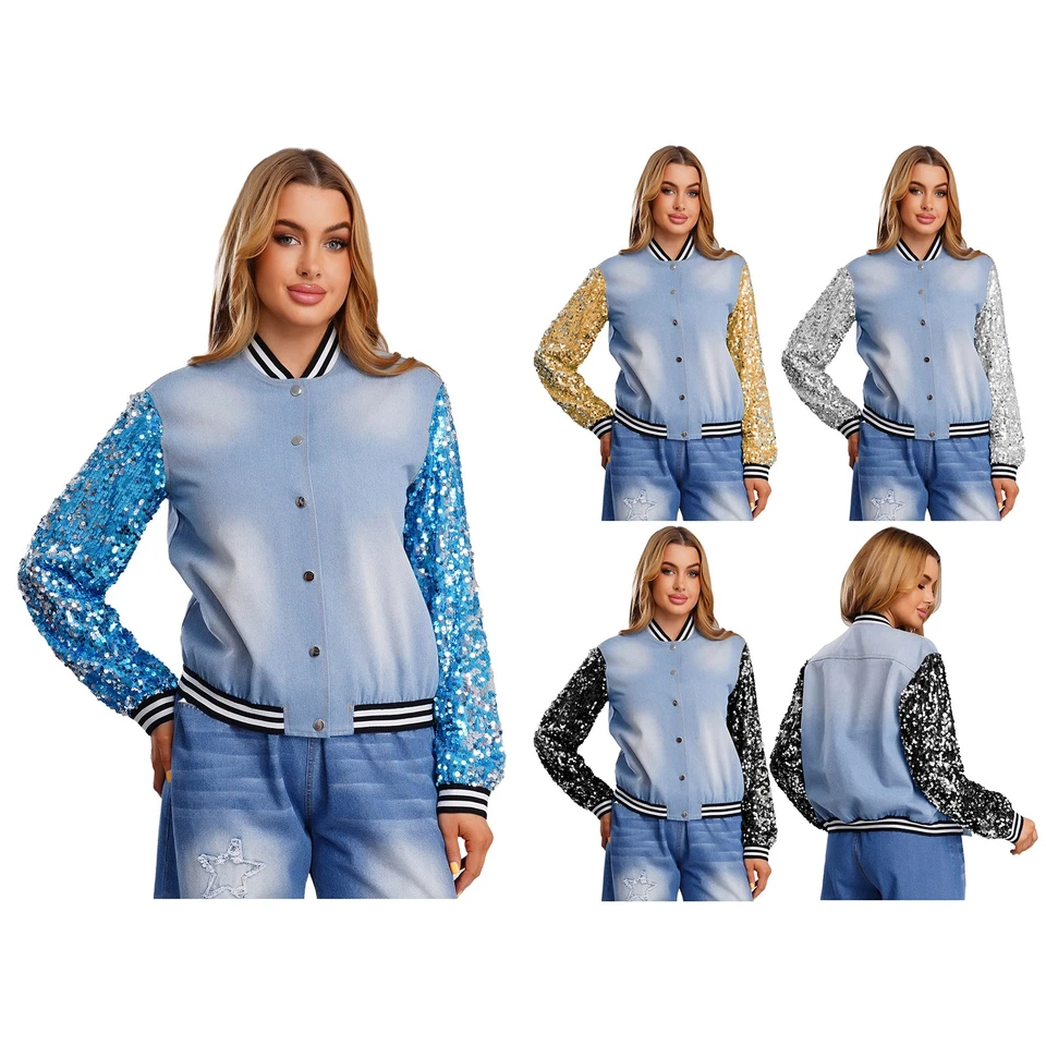 Jaqueta de beisebol feminina jeans lantejoulas brilhantes manga longa frente listrada com botões - Imagem 3 de 3
