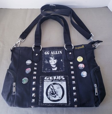 Vintage Y2k Sourpuss Black Canvas Crossbody Bag Patches Punk Rock Pins