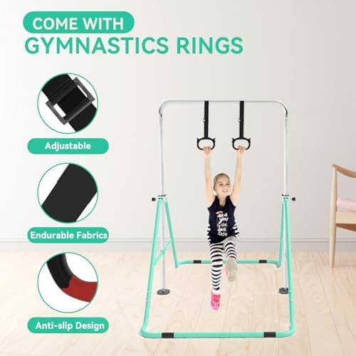 Gymnastics Bar for Kids with Gymnastics Rings, Height Adjustable Green