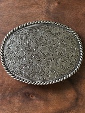 SILVER RECTANGULAR FLORAL SCROLL BELT BUCKLE