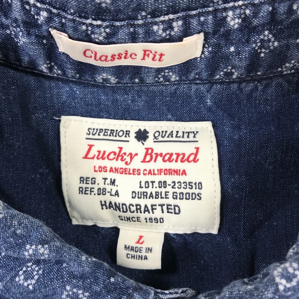 Lucky Brand Denim Shirt Mens Large Blue Geometric Button Up Faded Indigo Western - Image 2 of 4