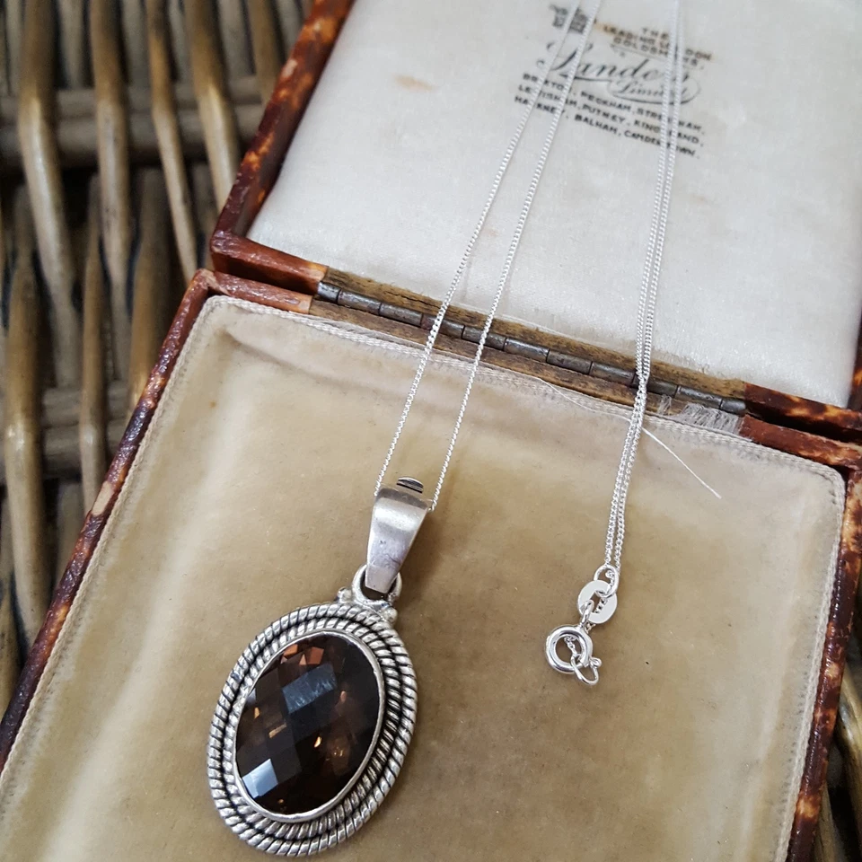Collar vintage de plata de ley 925, colgante de cuarzo ahumado grande natural Foto 3 de 4
