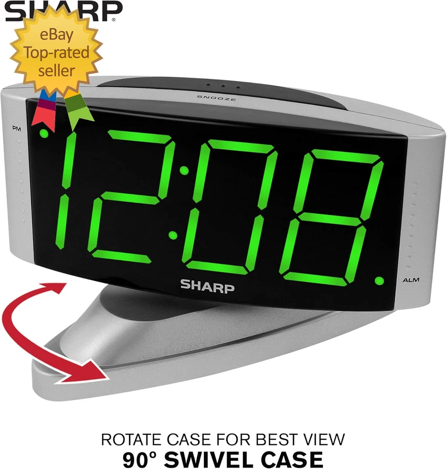 Домашний светодиодный цифровой будильник Sharp — поворотное основание — с питанием от розетки, простое управление - Изображение 2 из 4