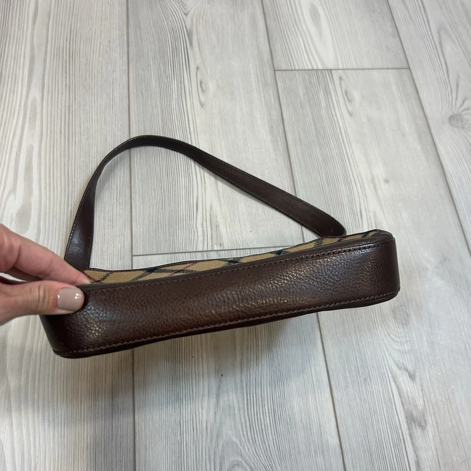 Bolsa de mão Brooks Brothers xadrez couro italiano pequena marrom e lã marrom - Imagem 3 de 4