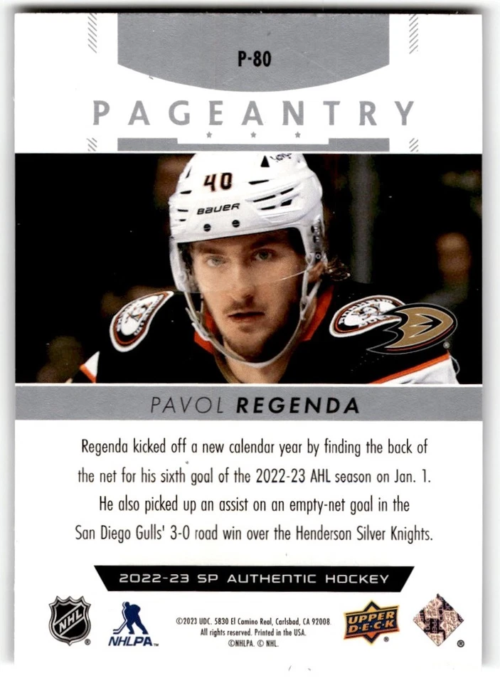 Pavol Regenda 2022-23 SP Authentic Pageantry Rookie #P-80 Anaheim Ducks - Image 2 of 2