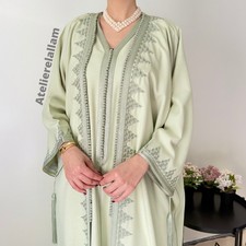 Moroccan Green Pistachio Kaftan-kimono set, Arabic dress for all occasions