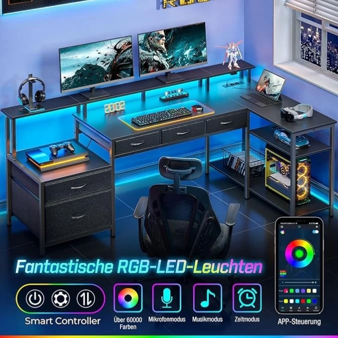 Schreibtisch L Form mit Schubladen reversibler Gaming Tisch mit Steckdose LED - Bild 3 von 4