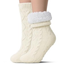 Slipper Socks for Women with Grippers Non Slip, Sherpa Lined Large Milky
