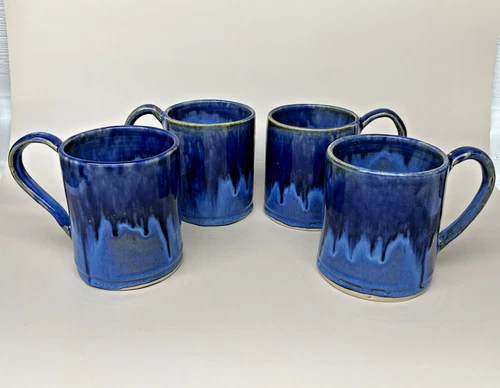 Signed 4x Studio Art Ceramic Pottery Blue Drip Glaze Mugs Cups 4"