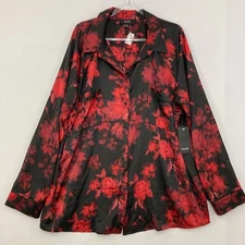 New NAIF size 2X Red Black Floral Abstract Stretch Long Sleeve Button Down
