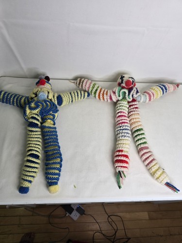 2 Vintage Clown Crochet Spiral Dolls Yarn Handmade 70s