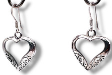 925 Sterling Silver Open Heart Filigree Drop Dangle Hook Earrings 1 1/4"