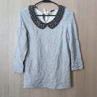 Postmark Anthropologie Medium Sweater Beaded Collar Gray 3/4 Sleeve