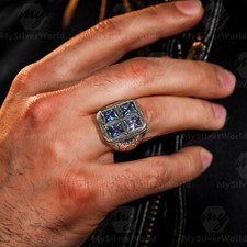 925 Sterling Silver Octagon Cut 4 Mystic Topaz Stone Turkish Men's Ring