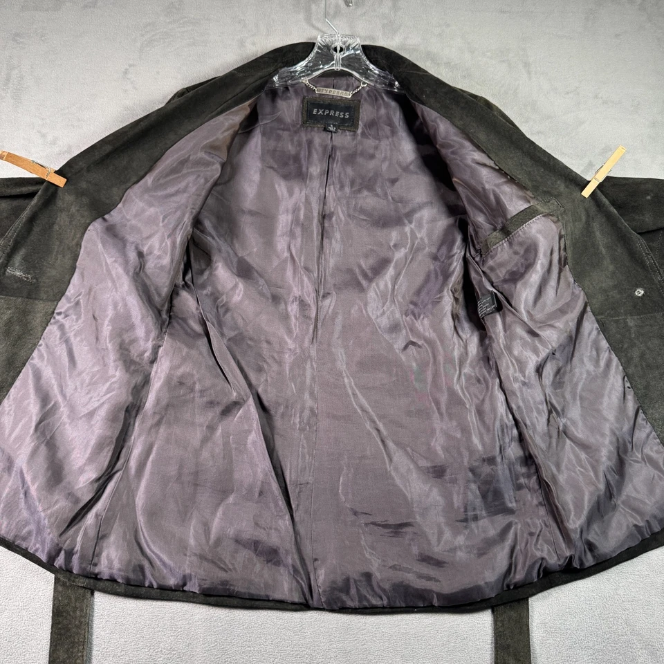 Abrigo Express Mujer S Verde Oliva Gamuza Cuero Cinturón Chaqueta Forrada Terroso Y2K Foto 3 de 4