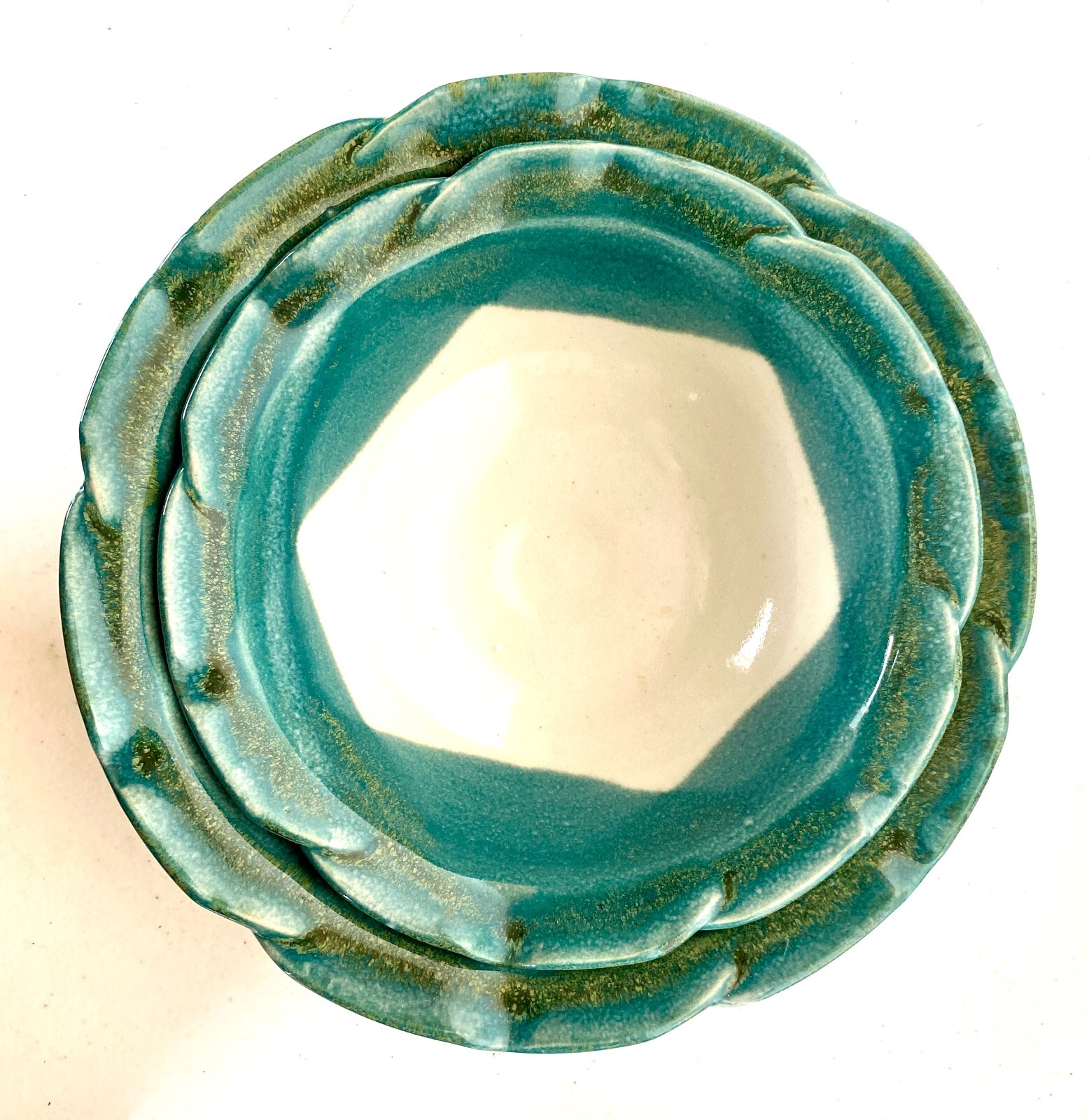 Art Pottery Pair Nesting Bowls by Janet Rodriguez in Green & White, 10+" and 8+"