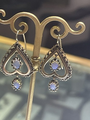 Antique 14k Yellow Gold Hearts Australian Fire Opal Dangle Earrings - Picture 7 of 15