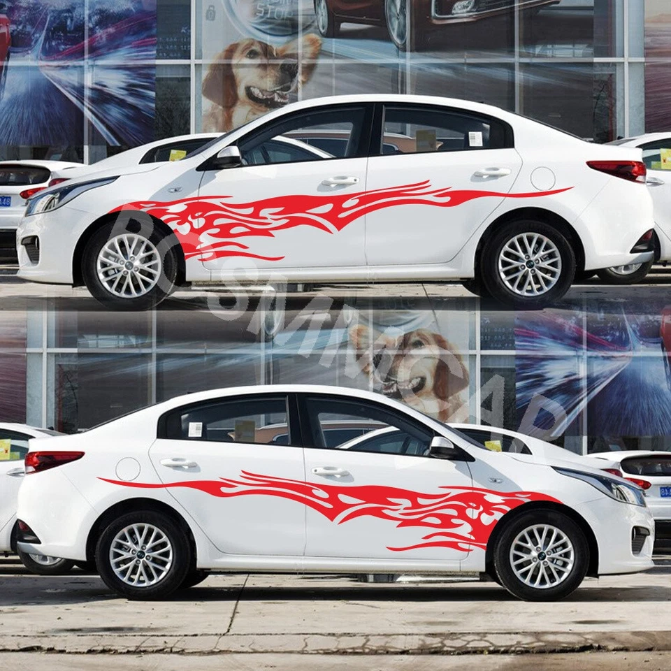 2 peças adesivos de carro ambos os lados corpo vinil decalques gráficos chama fogo vermelho à prova d'água - Imagem 2 de 4