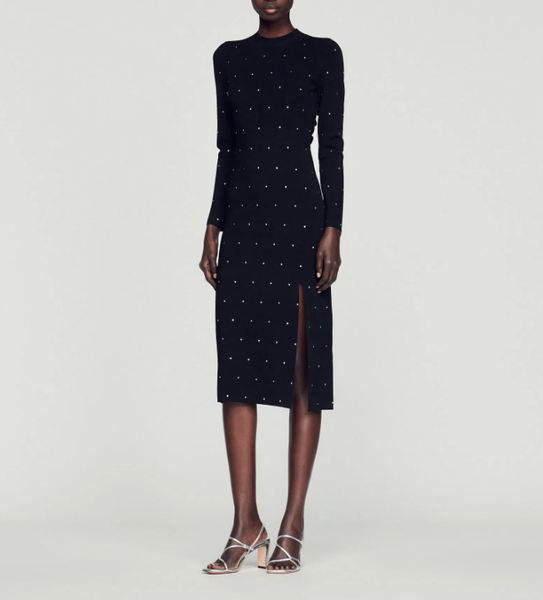 Sandro Paris Kleid Black Rhinestones Slit Midi SFPRO02669 Gr. 38 M Damen Schwarz-image