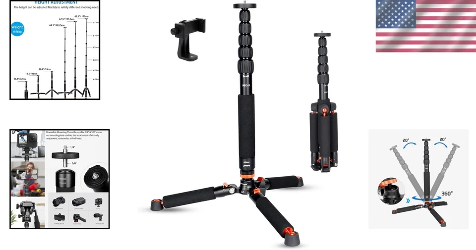 Dual Function Monopod with 360° Tripod Base - Max Load 13lbs, Adjustable Height - Image 2 of 4