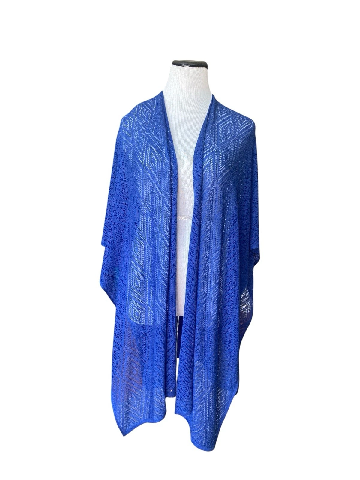 Chicos Stitched Diamond Ruana Layering Wrap One Size Blue Sheer Open Knit Kimono