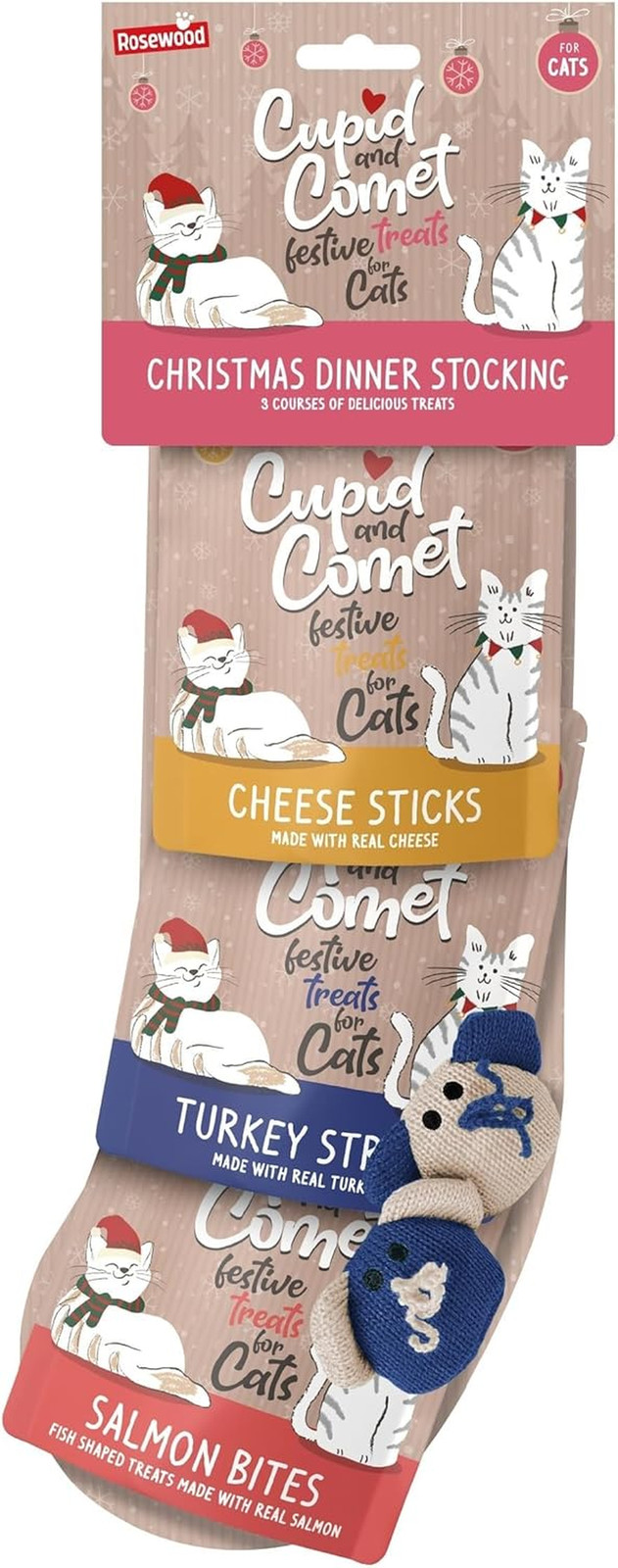 Cupid & Comet Christmas Dinner Cat Stocking, Cat Treats & Catnip Mice Toys