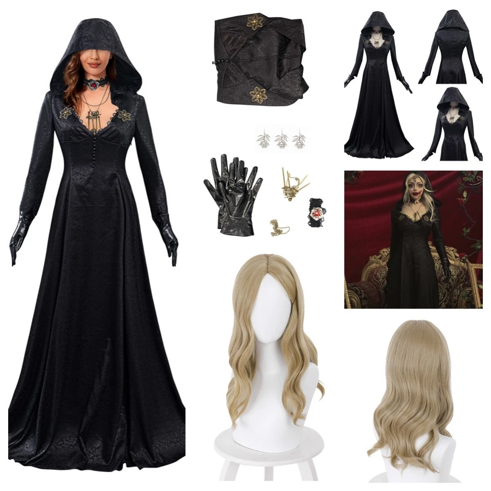 Evil Village Bela Dimitrescu Vampire Black Long dress+Moth Lady Wig Fullset - Image 3 of 4
