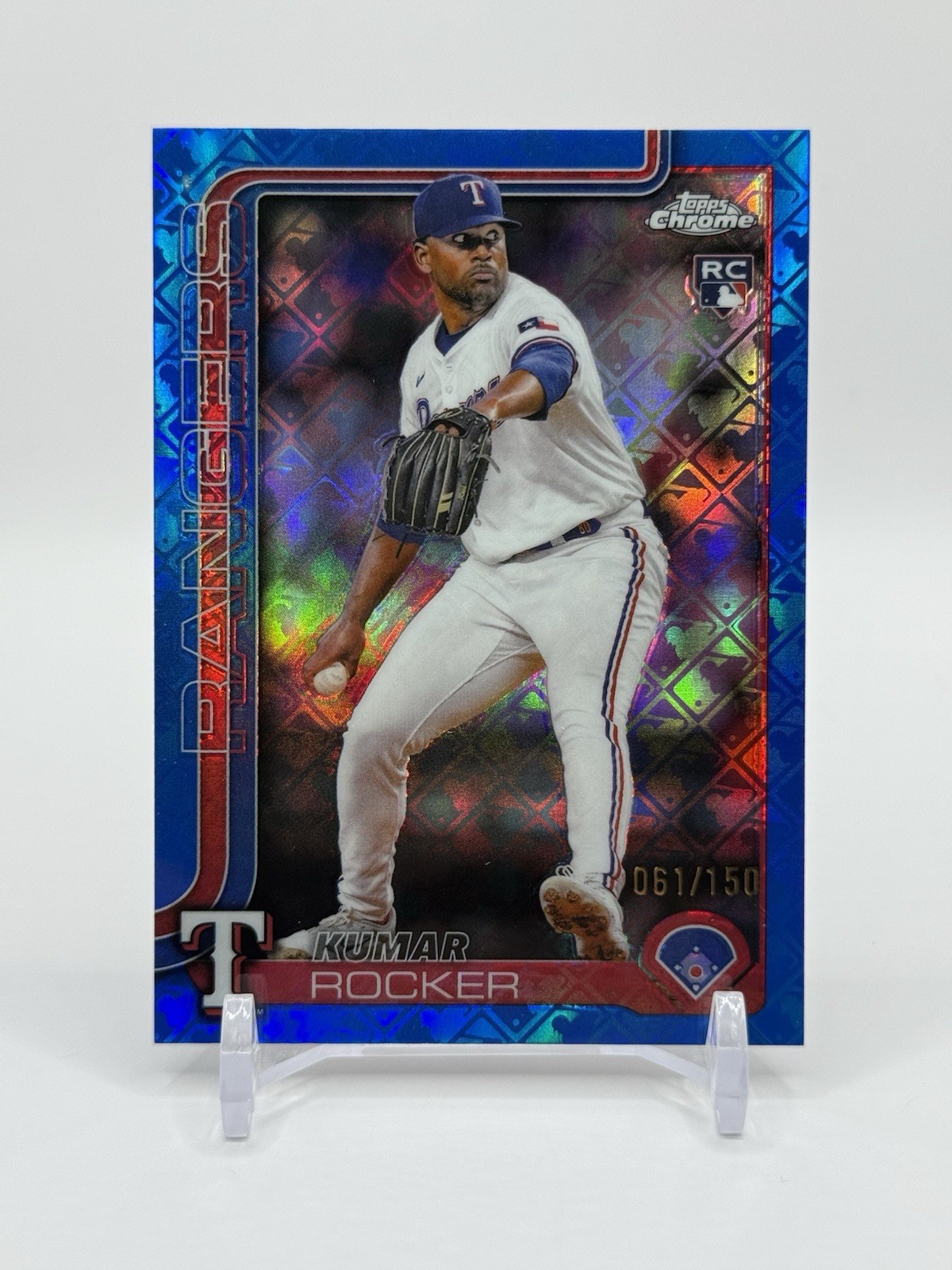 Kumar Rocker 2025 Topps Chrome Logofractor RC Blue Refractor /150 Rangers #73