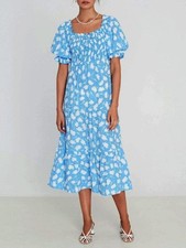 New Faithfull Olinda Shirred Floral Crepe Nap Dress Blue Large $225