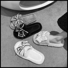 Casual Fluffy Slippers Women House Flats Fashion Winter Bowknot Love Designer