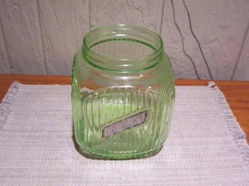 Green Glass Large Hoosier Canister Cookie Jar depression vaseline glass 1930’s