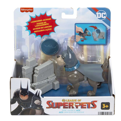 DC League of Super Pets Ace Batman Hund Figur Fisher Price Disk Launcher
