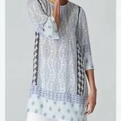 JOIE DE VIVRE Blue White Striped V-Neck 3/4-Sleeve Boho Peasant Top JOIE DE VIVRE Blue White Striped V-Neck 3/4-Sleeve Boho Peasant Top
