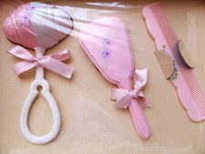 Vintage Child Baby Pink Floral Vanity Set Comb Brush Mirror Unopened Box New